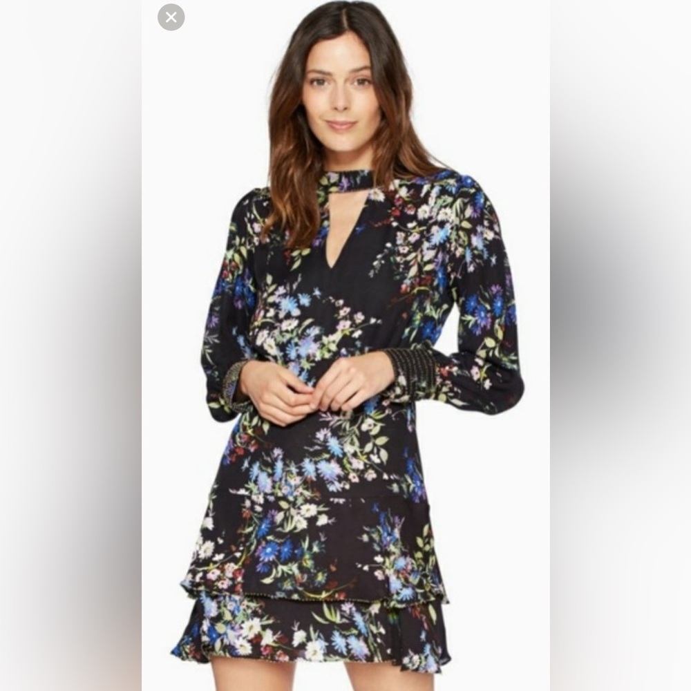 Chrissy High-Neck Floral-Print Silk Dress Beaded - Size  0
